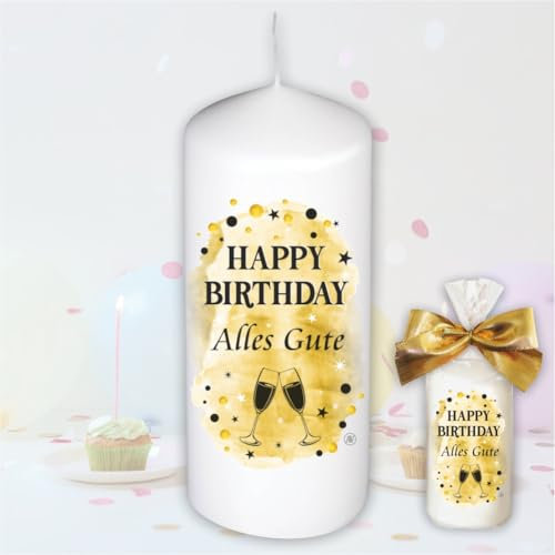 Geburtstagskerze Stumpenkerze - Happy Birthday, Alles Gute - Für Dich | moderne Motive auf Tattoofoliein Gold | Geschenkfolie und goldener Schleife | Kerze in Geschenkverpackung