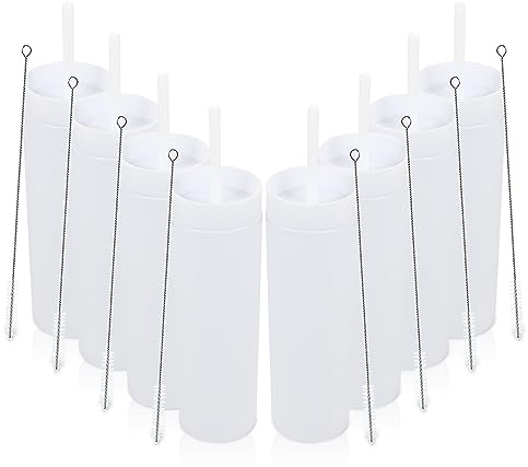 Volhoply 16oz Tumbler with Lid and Straw 8 Pack,Double Wall Plastic Skinny Tumblers Bulk,480ML Reusable Cute Coffee Mug,BPA Free Matte Acrylic Water Cups with Straw for Parties,DIY Gifts(White,8 Set