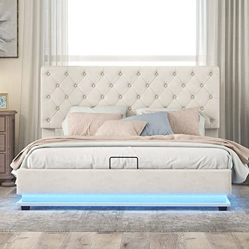 Moimhear Cama de Matrimonio, Cama tapizada con Luces LED, Cama contenedor con presión hidráulica, cabecero Regulable, 140x200 cm (Beige)