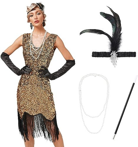 Odizli 20er Jahre Kostüm Damen Vintage Gatsby Glitzer Pailletten 1920er Charleston Flapper Fransenkleid Frauen Ärmellos V-Ausschnitt Kurz Abendkleid Hochzeit Cocktailkleid Gold Schwarz+Accessoires M