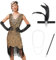 Odizli 20er Jahre Kostüm Damen Vintage Gatsby Glitzer Pailletten 1920er Charleston Flapper Fransenkleid Frauen Ärmellos V-Ausschnitt Kurz Abendkleid Hochzeit Cocktailkleid Gold Schwarz+Accessoires M