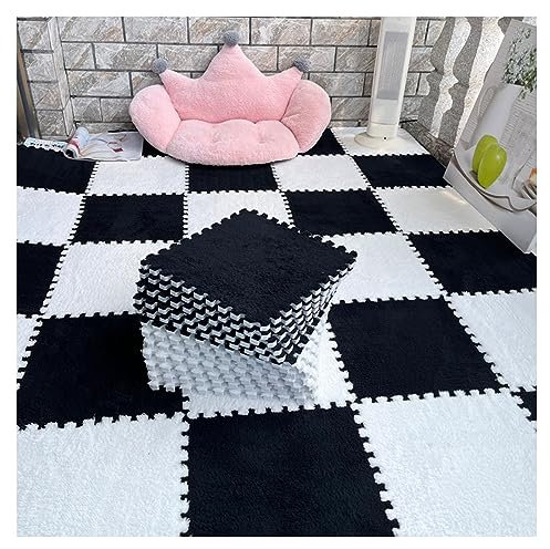 FYYSJW 12 Stück – Plüsch-Puzzle-Schaum-Bodenmatte – Ineinandergreifende Teppichfliesen – Flauschige Puzzle-Matten, Quadratische Teppiche, 30 X 30 cm Große Schaumstoff-Bodenfliesen (Color:Weiß+Schwarz)
