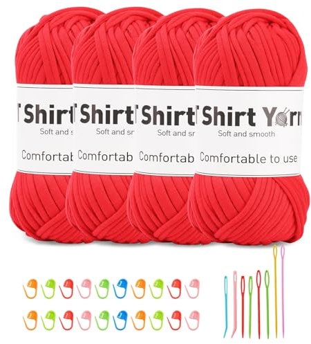 Doxiru 4er-Pack 100g T-Shirt-Garn-Set, Strickgarn, Stoff, Baumwollgarn, Weiches Großes Garn, Häkelgarn-Set, Webzubehör (Rote Farbe)