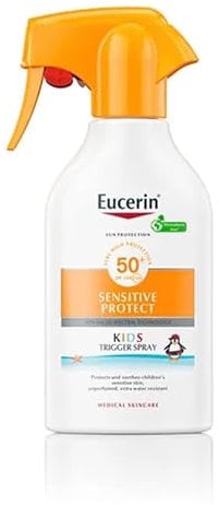 Eucerin Sun Kids Sensitive Protect Spray Trigger FPS50+ (250 ml), crema de sol con filtros UV, protector solar infantil en spray resistente al agua, protección solar para pieles sensibles
