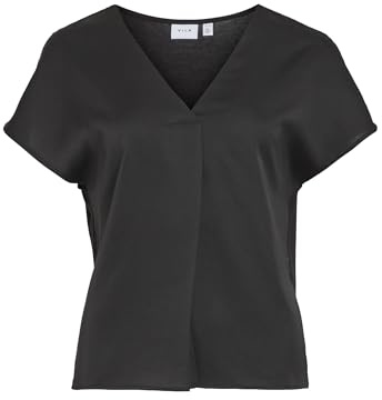 Vila Damen Viellette V-Neck S/S Satin Top-Noos Kurzarmbluse 14089239,Schwarz,42