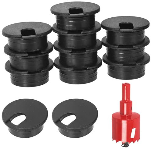 Swpeet 11Pcs Black Desk Cable Wire Grommet Cord with Hole Saw, Tidy Cable Hole Cover Organizers, Desk Wire Cord Cable Grommets Hole Cover, 1Pcs 1.38Inch_35mm Tools Hole Saw with Arbor for Office Desk