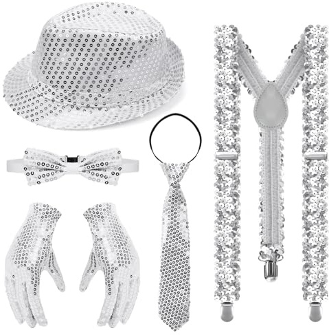 Meleager Disco Outfit Herren, Glitzer Kostüm Accessoires, Pailletten Fliegen, Krawatten, Handschuhe, Hosenträgern, geeignet für Silvester, Karneval, Aufführungen(Silber)