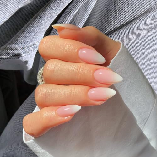 MouyouGlow Press on Nails Kurz,Almond Nude Rosa Ombre Weiß Farbverlauf Fake Nails Kunstnägel mit Nagelkleber,Natural Pink Gradient White Künstliche Fingernägel …