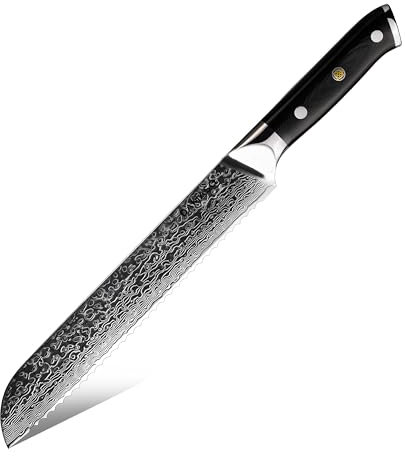 Damaso Brotmesser, Brotmesser Damast, Japanisches Messer aus 67 Lagen Damaststahl, Rasiermesserscharfes Brotschneidemesser