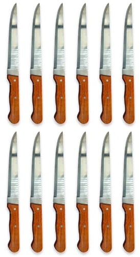 Tradineur - Pack de 12 Cuchillos de Mesa, Hoja de Acero Inoxidable de 18 cm y Mango de Madera, Cubiertos clásicos, Cocina, Aptos para lavavajillas - 29 cm