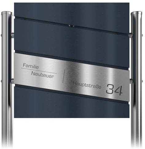 Graviers Design Briefkasten in Anthrazit RAL 7016 mit Standfuß freistehend - Postkasten personalisiert Edelstahl Gravur Namensschild Hausnummer Straßennamen - Briefbox mit Schloss Zeitungsfach