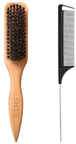 Peach Wood Boar Bristle Slick Back Hair Brush & Rat Tail Comb Set - Controls Frizz, Smooths Flyaways, Restores Shine - Creates Sleek Ponytails, Buns & Edge Control, Teasing for Women & Kids