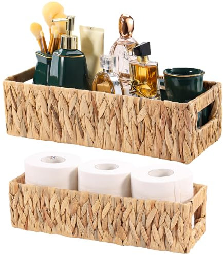 Panier de Rangement Osier, Tissé Panier avec Poignées, Boîte de Rangement, paniers à serviettes, Papier Toilette Organisateur, pour Salle de Bain, Cuisine, Bureau, Jacinthe d’Eau