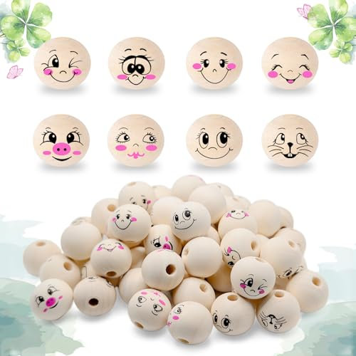 Dumeher Holzperlen mit Gesicht 20mm 80 Stück Holzkugeln mit Gesicht Lächeln Gesicht Holzperle mit Loch zum Auffädeln Holzköpfe für Sorgenwürmchen Glückswürmchen, zum DIY Handwerk, 8 Stile