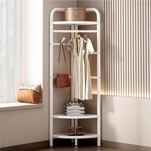 BESTXH Weiß, Eckgarderobe Aus Metall, Freistehender GarderobenstäNder, Eckgarderobe Mit Haken Und 3-Stufigen Ablageregalen, KleiderbüGel, FüR Flur, Eingangsbereich, Schlafzimmer