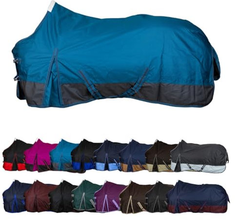 RL24 - Weidedecke 600D Basicline – als Regendecke & Übergangsdecke – Wind- & wasserdichte Outdoordecke mit Innenfutter & Kreuzbegurtung – Pferdedecke in Petrol/Graphit – 105cm (Nylonfutter)