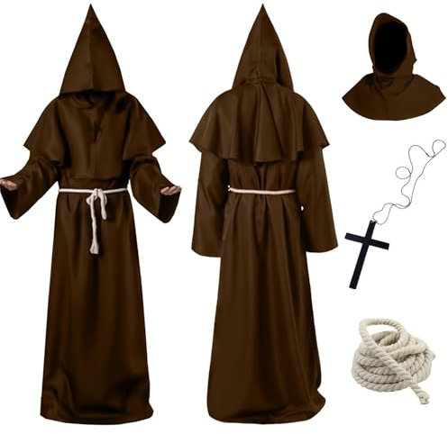 Aitsite Mönch Kostüm Herren mit Kapuze und Kreuz Halskette, Braun Mönche Robe, Prister Gewand Mittelalter Mönchskutte Kostüm Herren für Karneval Halloween Cosplay
