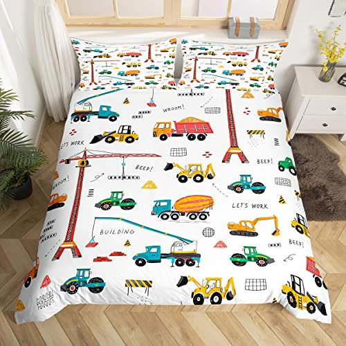Homewish Machinery Trucks Single Duvet Cover Set, Construction Vehicle Bedding Set for Kids Boys, Bulldozer Crane Equipment Truck Duvet Cover 2-Piece Room Decor, Red Yellow Green