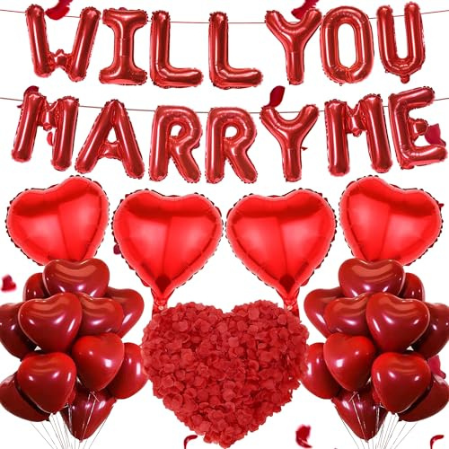 Ballon Will You Marry Me, 542 Stück, Luftballons, Antragsdekoration, Herz-Latex-Folienballon, künstliche Rosenblätter für romantische Antrag, Verlobung, Valentinstag, Jahrestag, Überraschungspartys