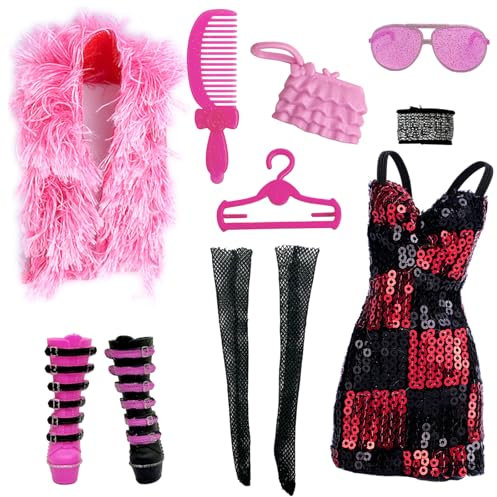 9 Stück Puppenkleid und Zubehör, modische Outfits zum Thema Y2K mit Umhang Paillettenrock Halskette Tasche Brille Kamm Kleiderbügel Strümpfen, Stiefeln für 28cm Modepuppen, Geschenk für Mädchen