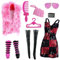 9 Stück Puppenkleid und Zubehör, modische Outfits zum Thema Y2K mit Umhang Paillettenrock Halskette Tasche Brille Kamm Kleiderbügel Strümpfen, Stiefeln für 28cm Modepuppen, Geschenk für Mädchen