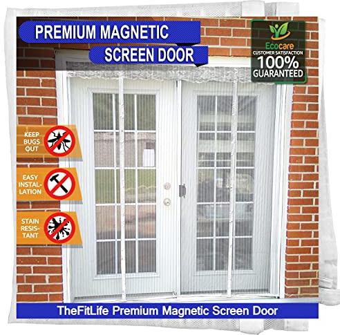 TheFitLife Double Door Magnetic Fly Screen, Heavy Duty Mesh Bug Curtain | 127x206cm - Fits Doors up to 121x203cm Max, White, with Full Frame Hook & Loop Powerful Magnets, Pet & Kid Friendly