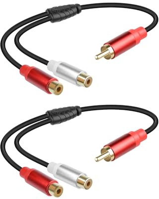 RIIEYOCA Short Y Splitter Cable, male to 2RCA female Stereo Audio Extension Cable for Speaker, Subwoofer, Amplifier, Stereo System, Home Theater 2PCS (0.3m/1ft) (RCA Male to 2 RCA Female)