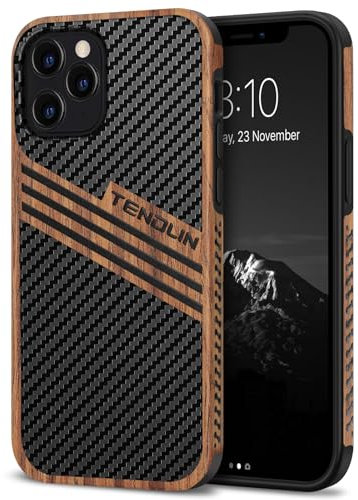 TENDLIN Kompatibel mit iPhone 12 Pro Hülle/iPhone 12 Hülle Holz und Carbon Textur Design Leder Hybrid Handyhülle (DREI Streifen)