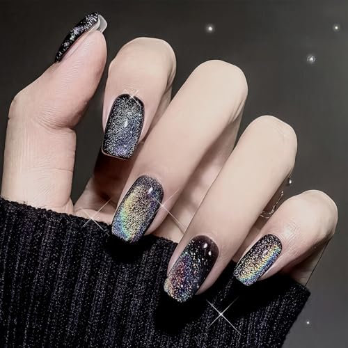 24Pcs Black Shiny Rainbow Cat Eye Press On Nails, Short Square Acrylic Fake Nails with Glitter Design, Full Cover Glossy Stick On Nails for Women
