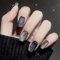 24Pcs Black Shiny Rainbow Cat Eye Press On Nails, Short Square Acrylic Fake Nails with Glitter Design, Full Cover Glossy Stick On Nails for Women