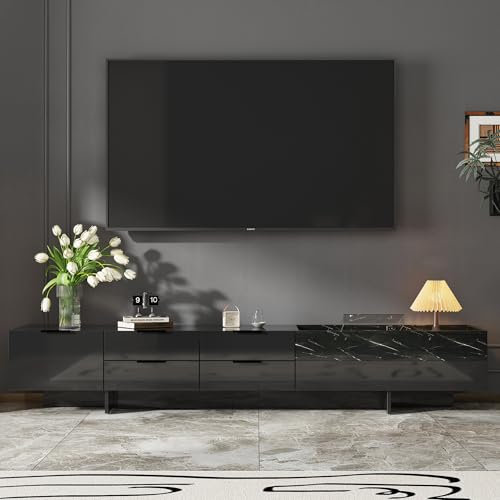 PREMTURE Mueble bajo para TV con 5 cajones, color negro con diseño de mármol, 200 x 33 x 40 cm, color negro