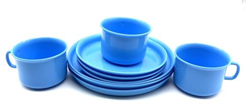 Vajilla para 3 personas, color azul claro, servicio de vajilla, servicio de café; vajilla de plástico; 3 tazas de platos de 14 cm y 18 cm de plástico reutilizables