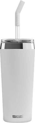 SIGG - Insulated Mug - Travel Mug Helia Peaceful White - with Reusable Glass Straw & Cleaning Brush - Leak-Proof - BPA-Free - 18/8 Stainless Steel - White - 0.6 L