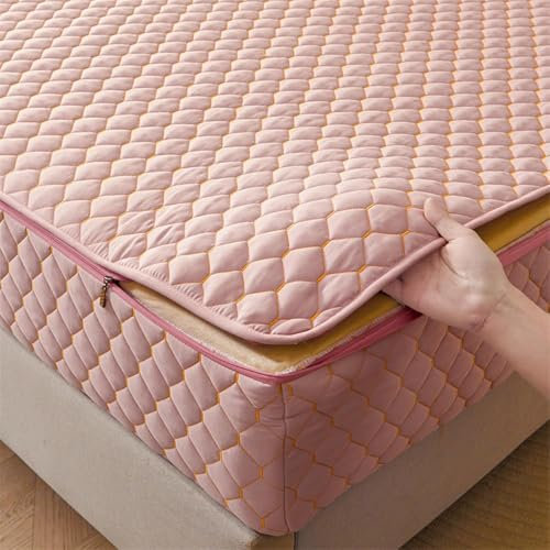 Coprimaterasso Matrimoniale con Cerniera Materasso Spesso Materasso Traspirante-Rosa- 160x200+25cm