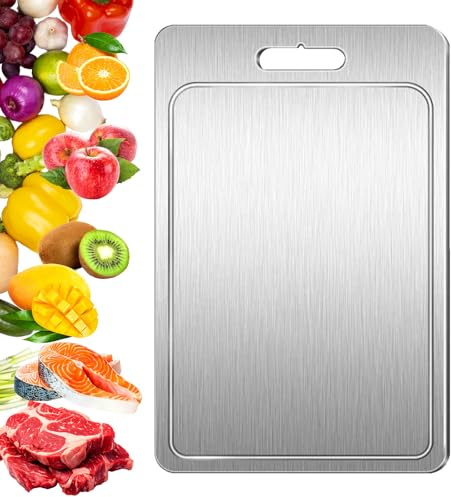 Titanium Cutting Board – Pure Metal Double Sided Chopping Board with Juice Groove, Durable Kitchen Cutting Surface for Meat, Vegetables & Fruits (Large, 1.5mm Thick)