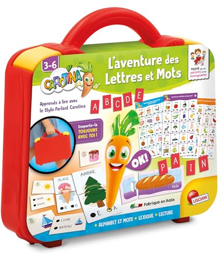 Lisciani – Carotina Alphabet und Wörter – tragbarer Lernkoffer für Kinder von 3 – 6 Jahren – sprechender & leuchtender Stift – Quiz Buchstaben und Wortschatz – Lernaktivitäten – Autonomie & Logik