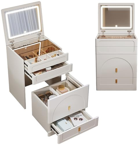 YFSMBD Tocador 3 en 1 con Espejo Abatible y LED, Mesa de Maquillaje con Tapa de Cristal Visible, 3 Cajones, Taburete de Almacenaje con 4 Ruedas Universales, Blanco, 60x40x80cm