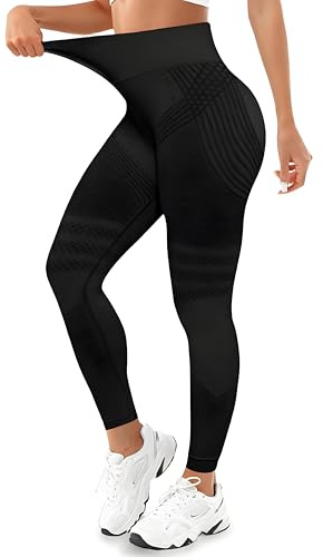 Dreaku Leggins Anticellulite Donna, Leggings Sportivi Lunghi Compressione Push Up Glutei, Vita Alta Opachi Yoga Pilates Fitness (IT, Testo, L, Regular, Regular, Nero)
