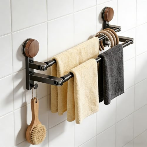 LUPATDY Double Barre Porte-Serviettes Télescopique avec Ventouse Vide - sans Perçage, Ajustable 50-97cm, Capacité de Charge 15kg, Support Mural Étanche pour Salle de Bain, Cuisine, Balcon