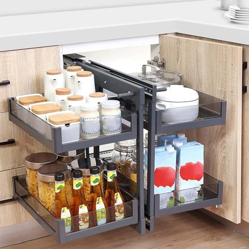 GLETSF Eckschrank-Auszugsfach, 2-Stöckig, Ausziehbar, Schwenkbar, Ausziehbar, Küchenschränke, Edelstahl, Doppellagig, Ausziehbares Eckschrank-Ablagefach-Right Door-67 * 42 * 60cm