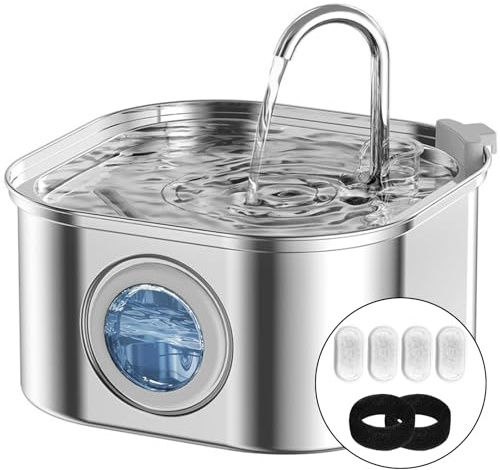 AQXONG Fuente de Agua para Mascotas de Acero Inoxidable, 3.2L Bebedero para Gatos, Filtrado Múltiple, Fuente de Agua para Gatos Ultra Silenciosa con Luz LED, 4 Elementos Filtrantes+2 Algodón Filtrante