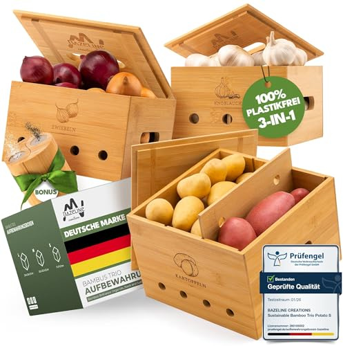 Bazeline Creations® Sustainable Bamboo Trio Potato Storage Box [Set of 3] with Lid, Onion & Garlic Storage, Environmentally Friendly Kitchen with Ventilation Holes (Brown)