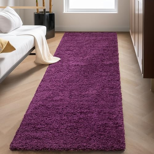 Carpettex Hochflor Läufer 80 x 250 cm Violett - Flauschiger Extra Weicher und Pflegeleichter Teppich - Shaggy Modern Einfarbig Design für Schlafzimmer, Esszimmer und Wohnzimmer