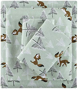 Intelligent Design Cozy Soft 100% Cotton Flannel Print Animals Stars Cute Warm, Ultra Soft Cold Weather Sheet Set Bedding, Queen, Seafoam Foxes 4 Piece