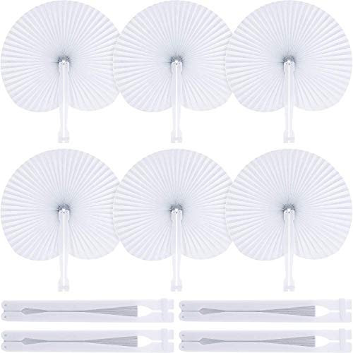 Bestage 60 Pieces White Folding Foldable Hand Handheld Paper Fans Bulk Wedding Decorations Round Shaped Accordion Fans with Plastic Fan Handles for Wedding Women Girls Guest Party Favors