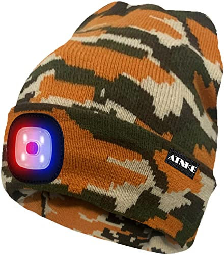 ATNKE LED Beleuchtete Mütze,Wiederaufladbare USB 4 LED Rot und Blau Leuchten Blinkender Laufmütze mit Licht Extrem Heller Lampe Winter Warme für Herren und Damen Geschenke/Camouflage Yellow