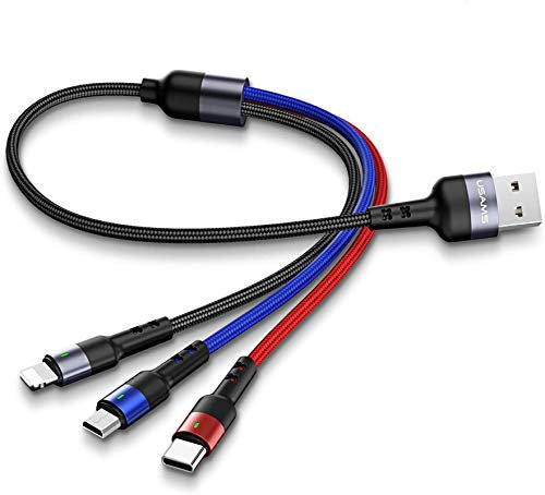 USAMS Multi USB Cable 1ft Multi Charger Cable YO 2Pack Short Multi Charging Cable Nylon Braided 3 in 1 Charging Cable Adapter with Type-C,Micro USB Port Connectors for Cell Phones and More (1FT)