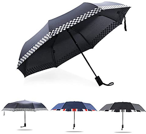 Parapluie pliable automatique portable noir à carreaux – Parapluie de voyage compact double ventilé avec bouton d'ouverture et de fermeture automatique pour Cooper