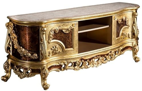 Casa Padrino Luxus Barock TV Schrank Creme/Beige/Braun/Gold 185 x 50 x H. 72 cm - Edler Fernsehschrank mit 2 Türen - Prunkvolle Barock Wohnzimmer Möbel