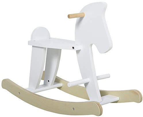 HOMCOM Caballo mecedor de madera – Juego de palanca con asas, reposapiés y topes – MDF contrachapado blanco y madera natural